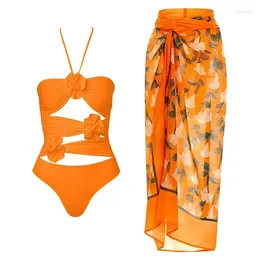 Women's Swimwear 2024 Sexy One Piece Swimsuit Skirt Summer Women Halter 3D Flower Print Beach Dress Cover Up Monokini Bath Suit