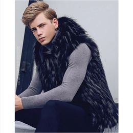 Faux Fox Fur Vest Men Winter Warm Outwear Coats with Furry Hat Black Fashion Vest Coats for Men Hooded Coats 240113