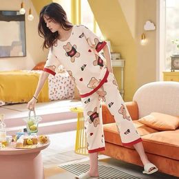 Women's Sleepwear 2024 Spring Summer Cotton Short Sleeve Cartoon Pyjamas Two Piece Girl Cute Pijamas Thin Home Clothing Suit