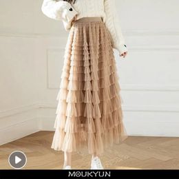 MOUKYUN Tutu Cake Skirt Elegant Cascading Ruffles A Line Long Skirts Female Casual Elastic Waist Party Lace Faldas 240113