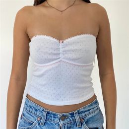 Xingqing Tube Top for Women y2k Aesthetic Lace Trim Off Shoulder Strapless Knitted Tanks with Little Flower 2000s Grunge