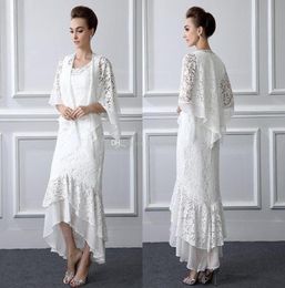 2 Pieces Formal Lace Mother Of the Bride Suits Long sleeves Sheath High Low Plus Size Mother Dress With Coat Evening Gowns Cheap1232889