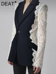 DEAT Fashion Women's Blazer Fashion Notched Lace Patchwork Long Sleeve Contrast Suit Jackets Female Autumn 17A1298 240113