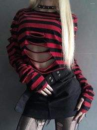 Women's Hoodies Y2k Aesthetic Grunge Long Sleeve Crop Top Women Gothic Punk Hollow Holes Striped T-shirt Vintage Harajuku Streetwear Femme