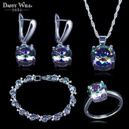 Cases Mystic Rainbow Cubic Zirconia Sier Colour Bridal Jewellery Sets for Women Wedding Necklace/earrings/pendant/ring/