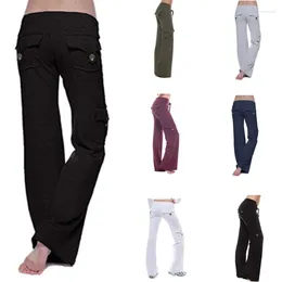 Women's Pants Women Casual Drawstring Elastic Waist Bootcut Yoga Solid Colour Button Flap Pockets Wide Leg Workout Cargo Trousers