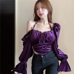 Women's Blouses Women Shirts Off Shoulder Hanging Neck Strap Pleated Autumn Top Flare Sleeve Solid Ruffle Edge Shirt For Lace Up Irregular