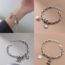 Link Bracelets 925Sterling Silver Marcasite Pearl Shell Round Bracelet Retro Style Do Old Personality Wristband Classic Punk Heavy Male