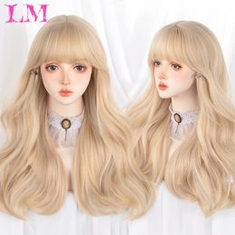 LM Long Natural Wavy Platinum Blonde s With Bangs Cosplay Party Lolita Synthetic for Women Heat Resistant Fibre 240113