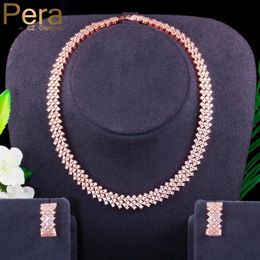 Necklaces Pera Rose Gold Colour Multilayer Cz Round Choker Women Wedding Necklace Earrings Jewellery Sets for Brides Party Accessories J397