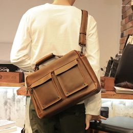 Briefcases 2024 Brown Vintage Men's Handbag Business Documents Brief Case 13-14" Laptop Bag Shoulder Office Messenger