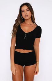 Women's T Shirts 2024 Summer Women Sexy V-Neck Undershirt Short Pants Suits Buttons Waist Retraction Slim Female Coordinates