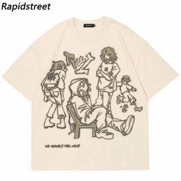 Harajuku Cartoon Girl Cat Japanese Kanji Graphic T Shirt Streetwear Men T-Shirt Summer Short Sleeve Tshirt Tops Tees Unisex 240113