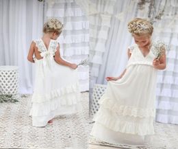 Romantic 2020 New Arrival Boho Flower Girl Dresses for Wedding Cheap V Neck Chiffon Lace Tiered Formal Kids Wedding Dress Custom M8937826