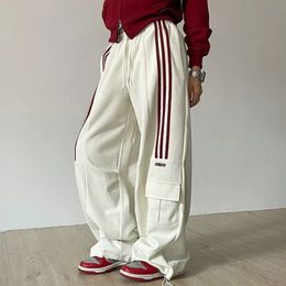 American Retro Lazy Style Wide Leg Pant Solid Stripes Elastic High Waist Drawstring Loose Casual Straight Sports Trousers 240113