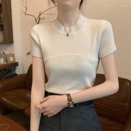 Women's T Shirts Urbane Short Sleeve T-Shirt For Women Chic Half High Neck Slim Crop Top Knit Aesthetic Clothes Korean Summer