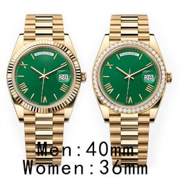 Data do dia mens relógios automáticos máquina de relógio 40mm senhora 36mm mulher ouro 904L pulseira de aço inoxidável safira com diamante ST9 fivela dobrável escondida à prova d'água SS