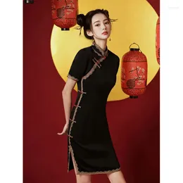 Ethnic Clothing Women Black Cheongsam Lace Short Sleeve Vintage Dress Slim Daily Wear Elegant Chinese Traditional Qipao S To XXL