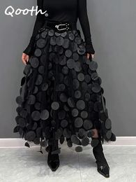 Qooth Women Polka Dot 3D Design Tulle Mesh Skirt Vintage Elastic Waist Long Aline Tutu QT2176 240113