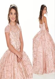 2021 Cute Rose Gold Sequined Lace Girls Pageant Dresses Crystal Beaded Blush Pink Kids Prom Dress Birthday Party Gowns For Little 7573279