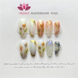 Handmade Matte Fake Acrylic Nails With Design Reusable Almond Full Cover Flower Manicuree Wearable XS S M L Size Art 240113