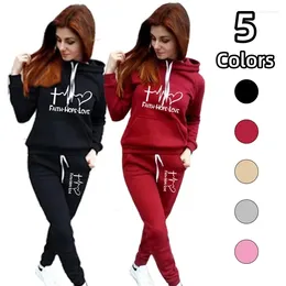 Women's Two Piece Pants Autumn Winter Faith Hope Love Print Outfits Hooded Sweatshirt & Sweatpants Set Fleece Warm Female Sports Suit