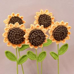 Decorative Flowers Creative Wool Knitting Flower Finished Sunflower Hand Woven Bouquet Decoration Teachers Day Mother'S Birthday Gift