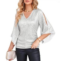 Women's Blouses Shirts & Top Shiny Sequin Hollow Out Three Quarter Horn Sleeve Solid Colour V Neck Loose Pullover