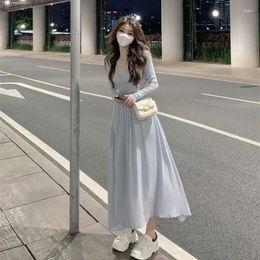 Casual Dresses 2024 Neck Elegant Collarbone Long Sleeved Dress For Women In Autumn Square Light Blue Skirt Elastic Waist A-line