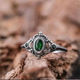 Cluster Rings Retro Silver Color Oval Imitation Green Crystal Ring For Women's Elegant Zircon Index Finger Student Friend Handicraft Gift