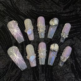 Light Luxury Fake Nails Butterfly Colour Stone Handamde Transparent Gradient Pink Brighten Up Wearable False Nail Removable Easy 240113