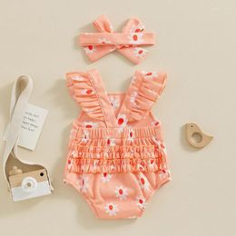 Clothing Sets Baby Girls Summer Casual Romper Orange Flying Sleeve Daisy Print With Headband