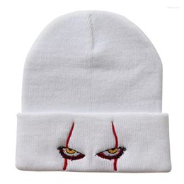 Berets Unisex Winter Knitted Beanie Hat Scary Clown Eyes Embroidery Hip Hop Cuffed Skull Cap Halloween Cosplay Party Headpiece Dropship