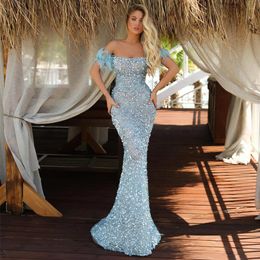 Light Sky Blue Sequined Mermaid Prom Dresses Beaded Evening Gowns Feathers Off The Shoulder Neckline Floor Length Special Occasion Formal Wear