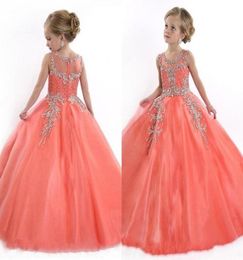 Cheap Little Girls Pageant Dresses Princess Tulle Illusion Jewel Neck Crystal Beads Coral Tulle Kids Flower Girls Dress Cheap Birt8387677