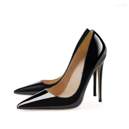 Dress Shoes Women Pointed Toe Saltos Alto Femininos Thin Heeled High Large Size ZapatosShallow Black Patent Leather