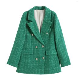 Women's Suits 2024 Women Fashion Double Breasted Houndstooth Blazer Coat Vintage Long Sleeve Flap Pockets Female Outerwear Chic Vestes