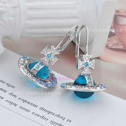 vivianeism westwoodism earrings earrings Super Flash Saturn Gradient Full Diamond Stereoscopic Earrings Blue Gradient Zircon Earrings