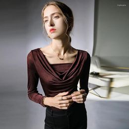 Stage Wear Autumn Swing Collar Bottoming Shirt Slim Solid Color Pleated T-shirt Latin Dance Practice Top