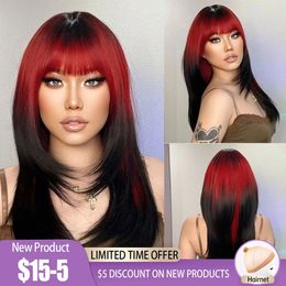 HENRY MARGU Ombre Red to Black Synthetic s with Bangs Long Straight Layered Colored Party Heat Resistant Hair for Women 240113