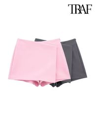 TRAF Women Fashion Asymmetric Pareo Style Self Overlay Shorts Skirts Vintage High Waist Side Zipper Female Skort Mujer 240113