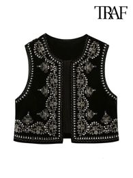 TRAF Women Fashion With Sequin Floral Embroidery Crop Waistcoat Vintage O Neck Sleeveless Female Outerwear Chic Vest Tops 240113