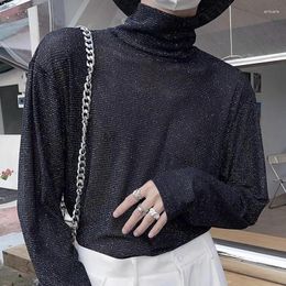 Men's T Shirts Autumn Gypsophila Sequined Turtleneck Bottoming Loose Handsome Knitted T-shirts Inner Tops Male Clothes