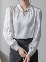 Women's Blouses QOERLIN French Hanging Neck Beaded Women White Shirts 2024 Spring Fall Pullovers Temperament Satin Commuter Tops Long Sleeve