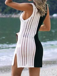 Sexy Hollow Out Slit Crochet Cover Up Women Swimsuit Coverup Bathing Suit Ups for Swimwear Beach Dress Sleeveless 240113
