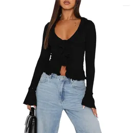 Women's T Shirts Aesthetic Cardigan Shirt Women Button Front Flare Long Sleeve Crop Top Basic Tees 2000s Y2k Clothes