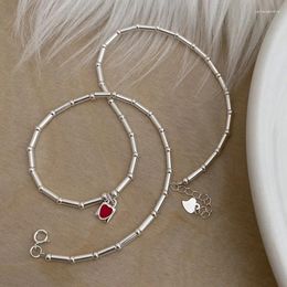 Chains 925 Silver Light Luxury Craft Bamboo Joint Style Beaded Clavicle Chain Red Enamel Heart Pendant Exquisite Sweet Necklace Jewellery