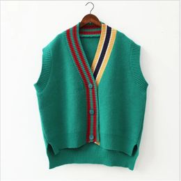 2023 Female Fashion Loose Vest Vneck Button Sweater Open Stitch Casual Striped Cardigan 240113