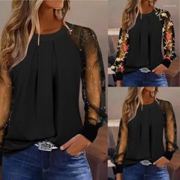 Women's Blouses Women Loose Fit Shirt Stretchy Blouse Flower Dot Print Puff Lace Long Sleeve For O-neck Work Tops With