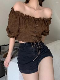 Women's Blouses Sweet Style French Retro Girl One Word Collar Blouse Ruffles Strapless Niche Design Bandage Crop Top Harajuku Babes Chic